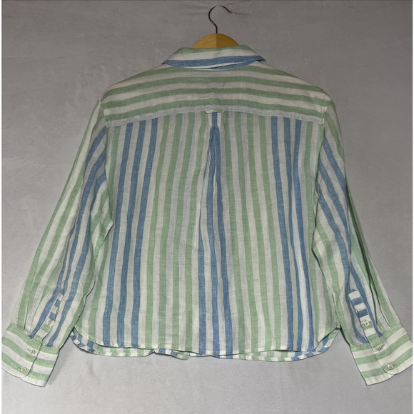 Talbots Linen Shirt Womens MP Striped Blue Green Cropped Boxy Button Up Blouse - Picture 2 of 14